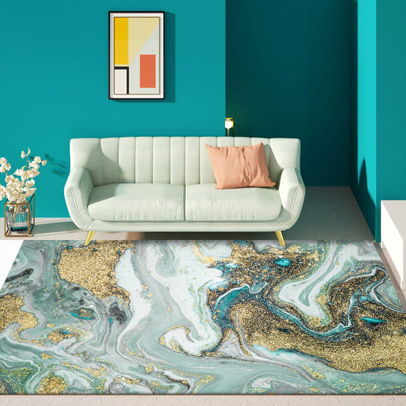 BowLift | Unique Watercolor Pattern Rug Blue and Gold Modern Rug Polyester Washable Non-slip Background Carpet for Living Room