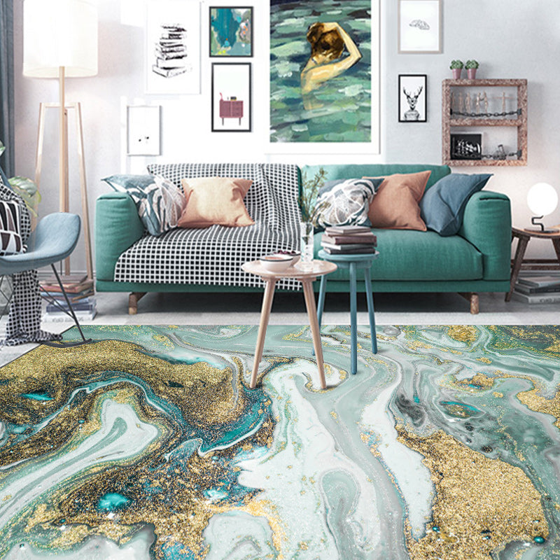 BowLift | Unique Watercolor Pattern Rug Blue and Gold Modern Rug Polyester Washable Non-slip Background Carpet for Living Room