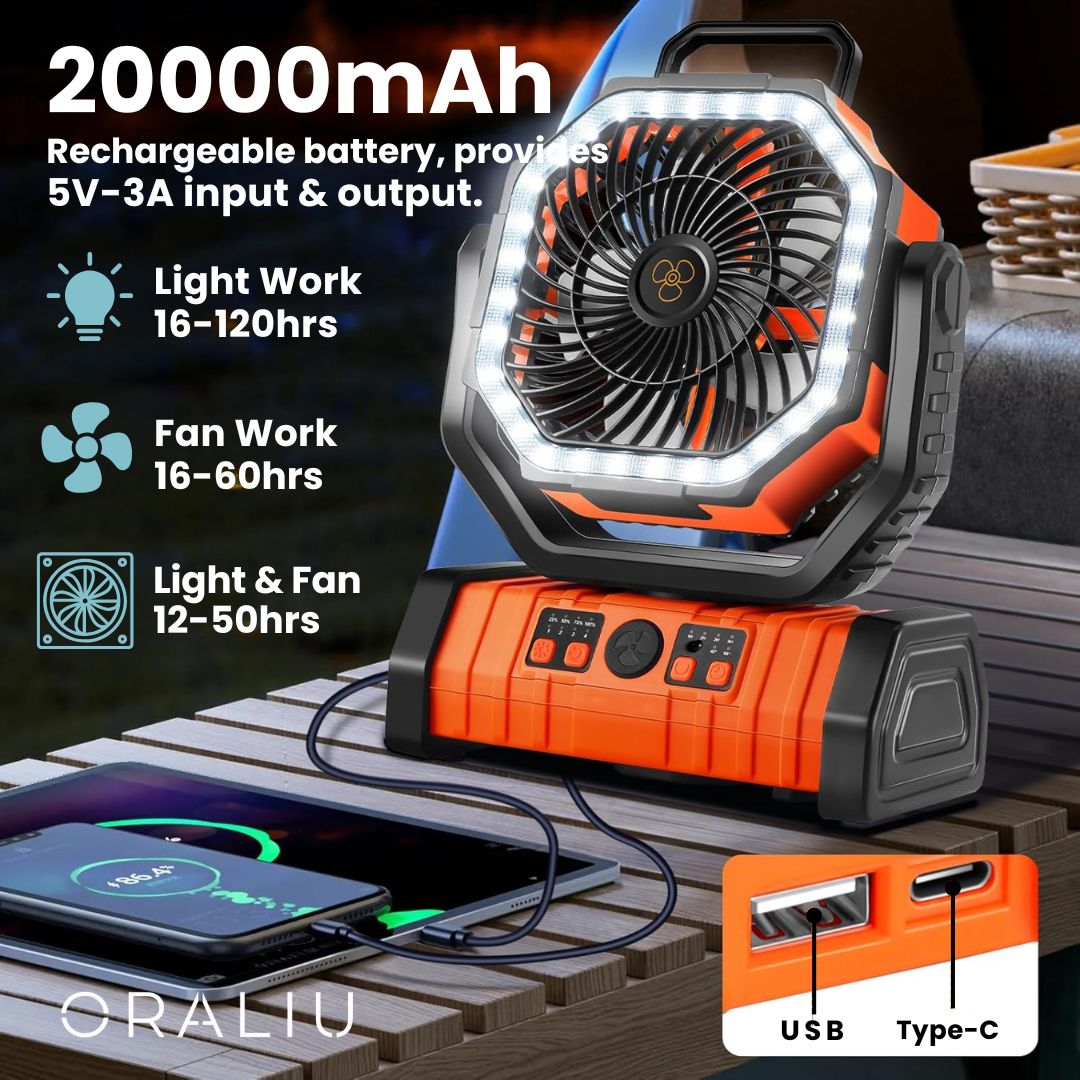 BowLift | 3-in-1 Camping Fan with LED Light & 20000mAh Power Bank – USB Rechargeable & Wireless