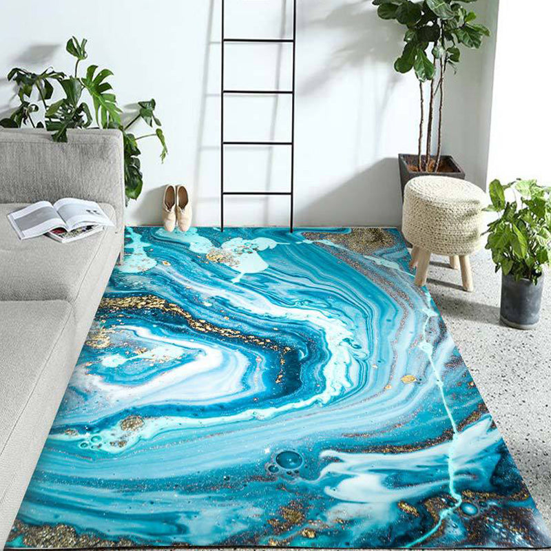 BowLift | Funky Marble Pattern Rug Blue Modern Rug Polyester Washable Non-Slip Back Area Rug for Bedroom