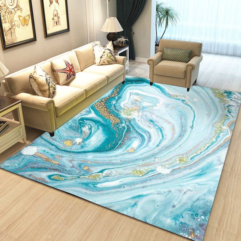 BowLift | Funky Marble Pattern Rug Blue Modern Rug Polyester Washable Non-Slip Back Area Rug for Bedroom