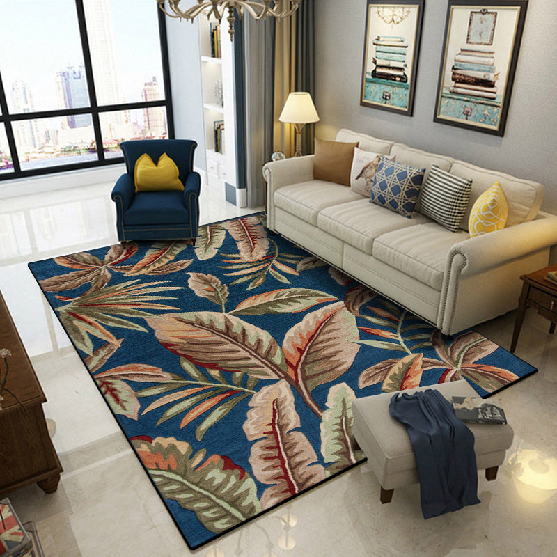 BowLift | Blue Tropical Carpet Polyester Leaf Print Carpet Washable Non-Slip Back Carpet for Living Room