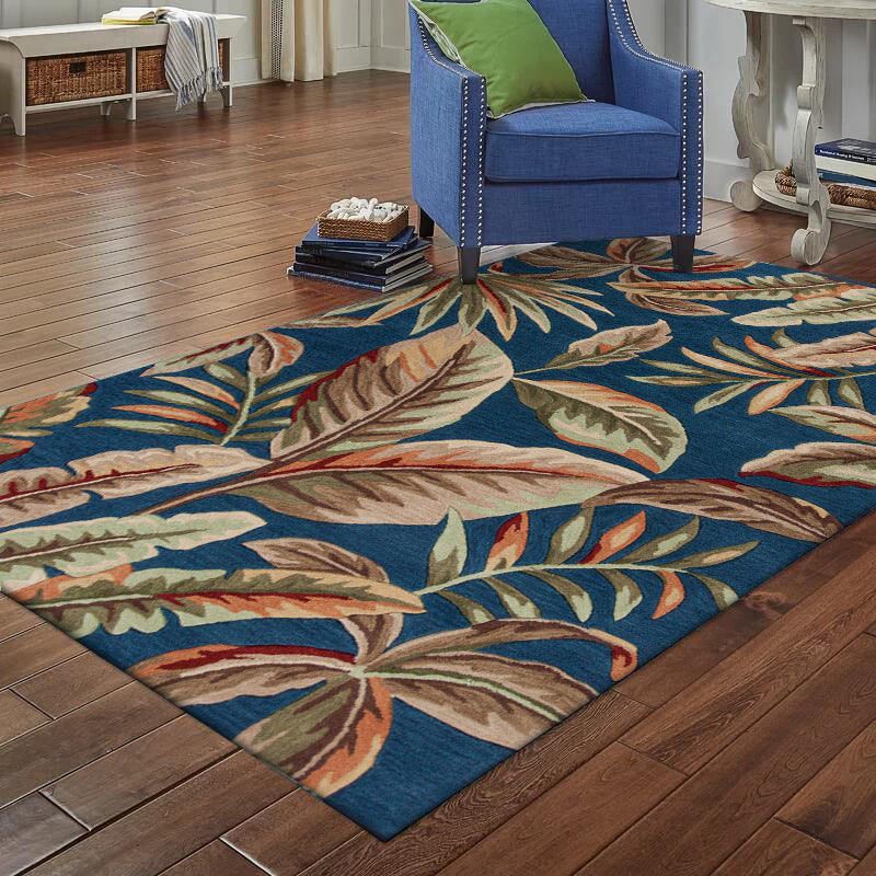 BowLift | Blue Tropical Carpet Polyester Leaf Print Carpet Washable Non-Slip Back Carpet for Living Room