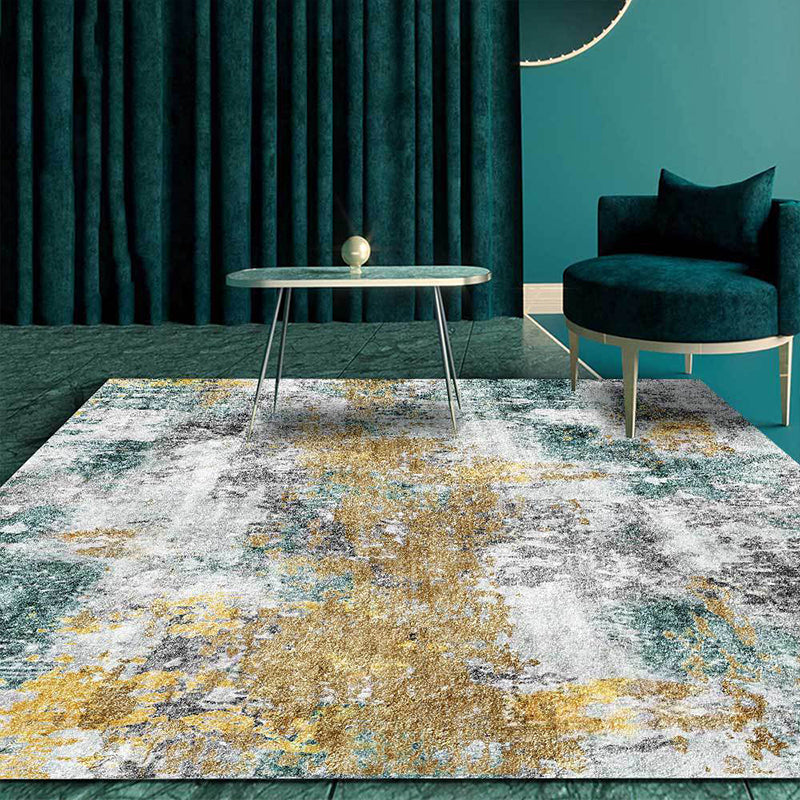 BowLift | Unique Abstract Area Rug Gold and Green Industrial Rug Polyester Washable Non-Slip Back Area Rug for Living Room