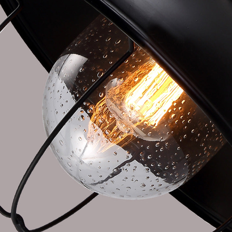 BowLift | Farmhouse Dome Wall Lamp 1 Light Metal Wall Lighting with Cage and Sawed Glass Shade in Black