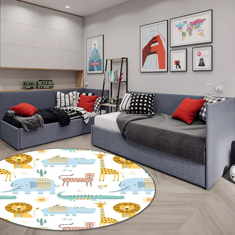 BowLift | Kids Bedroom Rug in White Animal Lion Elephant Crocodile Print Rug Polyester Machine Washable Area Rug