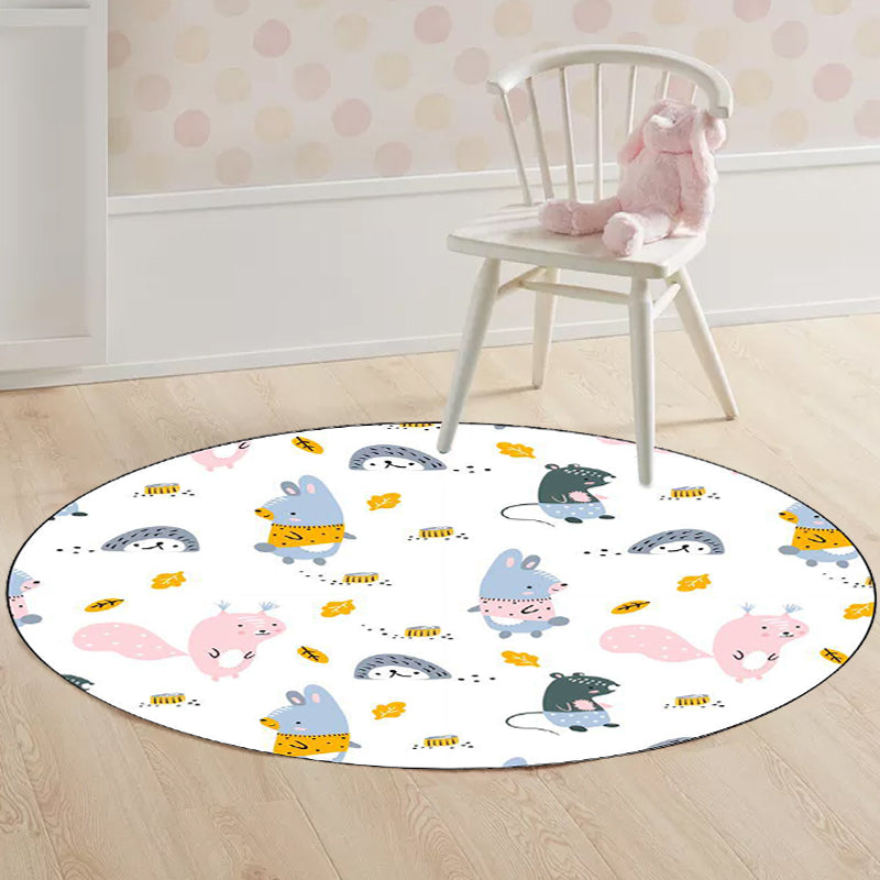 BowLift | Children's bedroom rug in white animal rabbit hedgehog leaf print rug polyester machine washable pet-friendly area rug