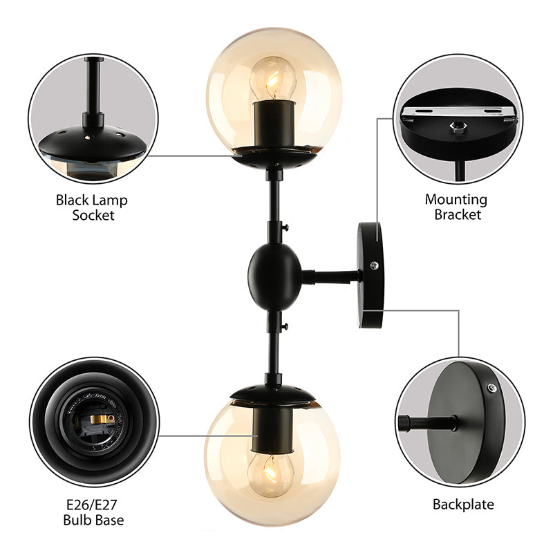 BowLift | Black 2-Light Wall Light Industrial Amber Glass Globe Shade Lighting Fixture for Living Room