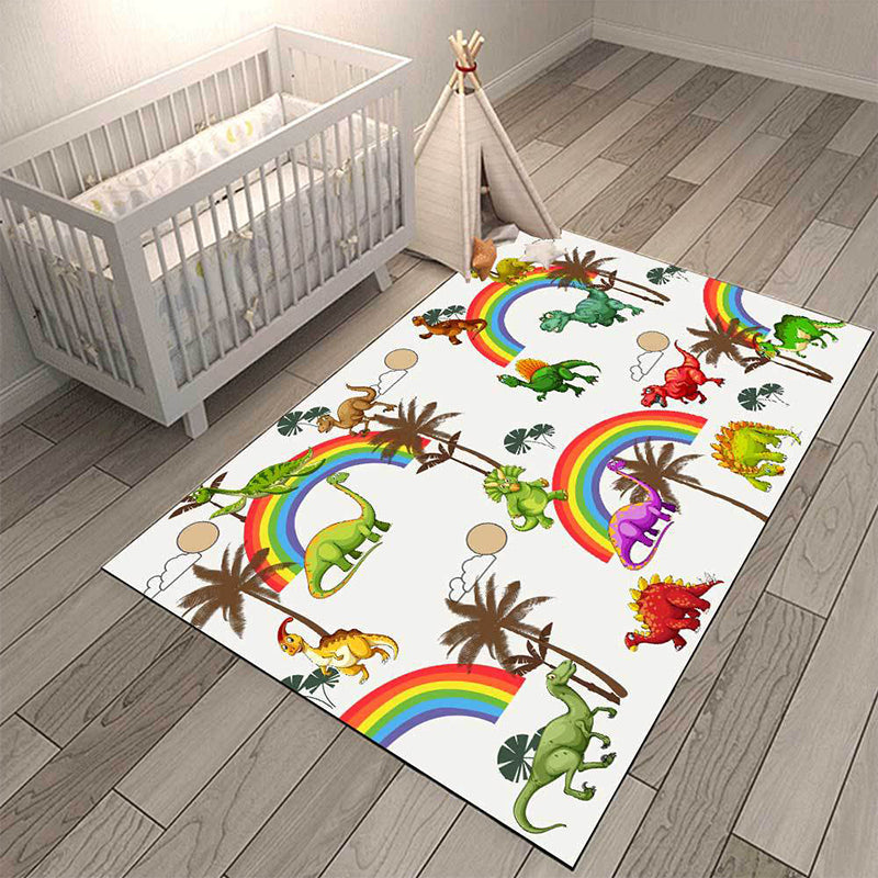 BowLift | White Children's Room Rug Kids Animal Dinosaurs Rainbow Tree Pattern Area Rug Polyester Washable Pet-Friendly Carpet