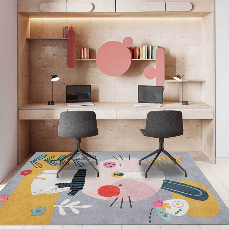BowLift | Casual Kids Rug in Gray Animal Rabbit Floral Leaf Pattern Rug Polyester Pet-Friendly Washable Rug for Children's Room