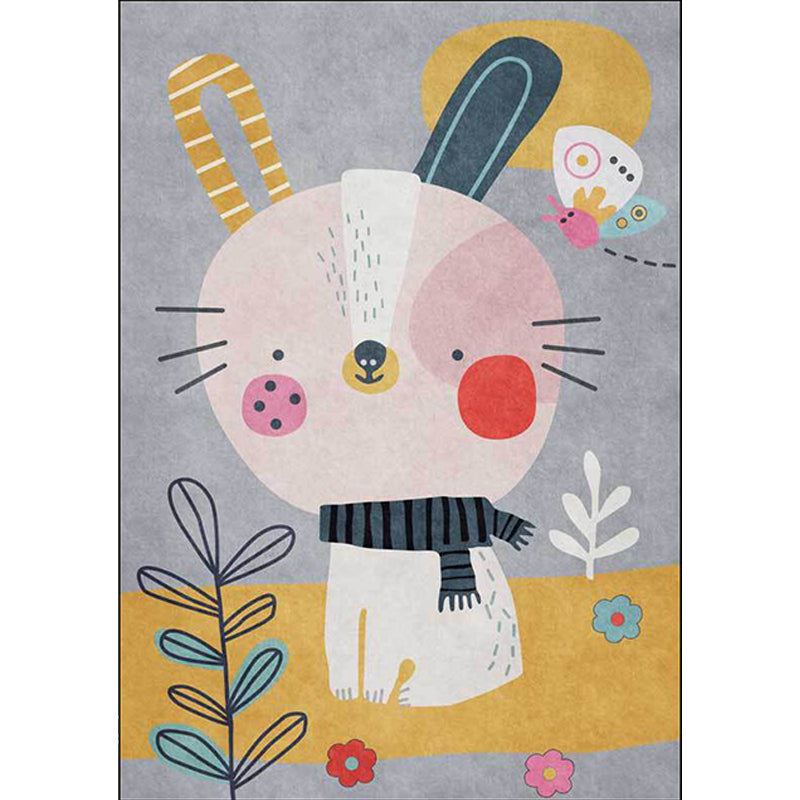 BowLift | Casual Kids Rug in Gray Animal Rabbit Floral Leaf Pattern Rug Polyester Pet-Friendly Washable Rug for Children's Room