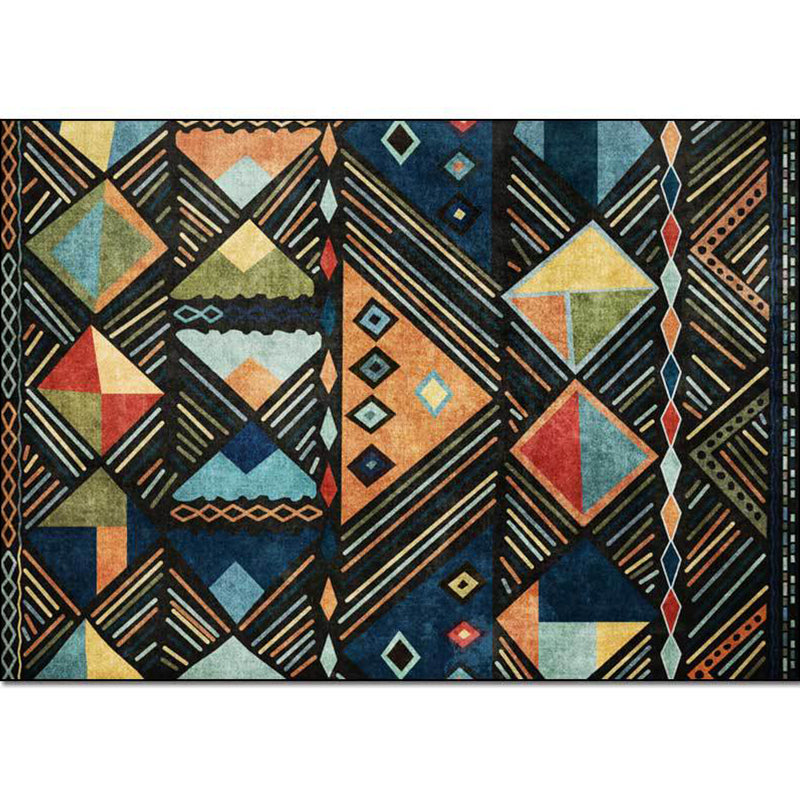 BowLift | Blue multicolored tribal rug polyester geometric and striped pattern rug washable non-slip backing rug for living room
