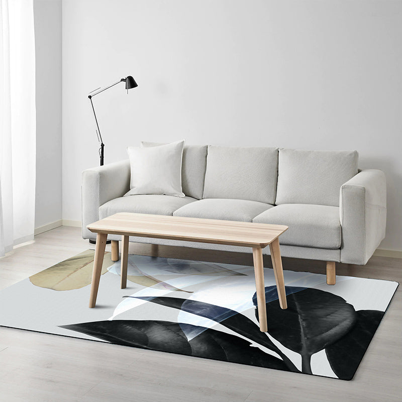 BowLift | Black and White Oriental Carpet Polyester Leaf Pattern Carpet Washable Non-Slip Backing Rug for Living Room