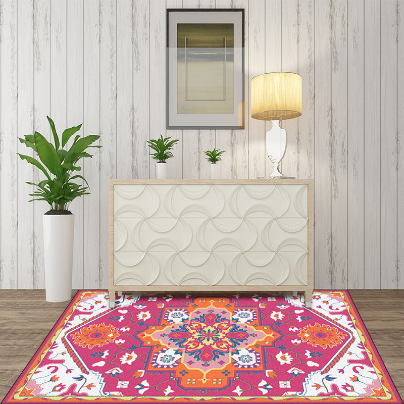 BowLift | Pink and Blue Mediterranean Carpet Polyester Medallion Pattern Carpet Washable Non-Slip Backing Carpet for Living Room