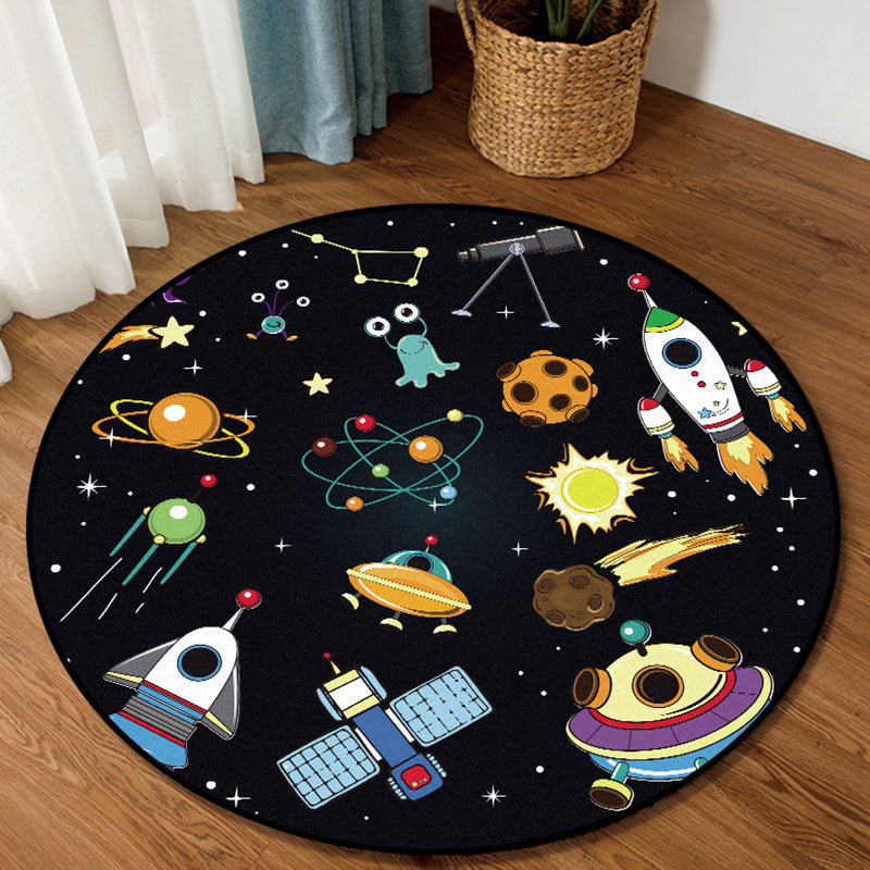 BowLift | Unique Children's Carpet in Black Outdoor Space Airplane Planet Star Patterns Carpet Polyester Pet Friendly Area Rug for Children's Room