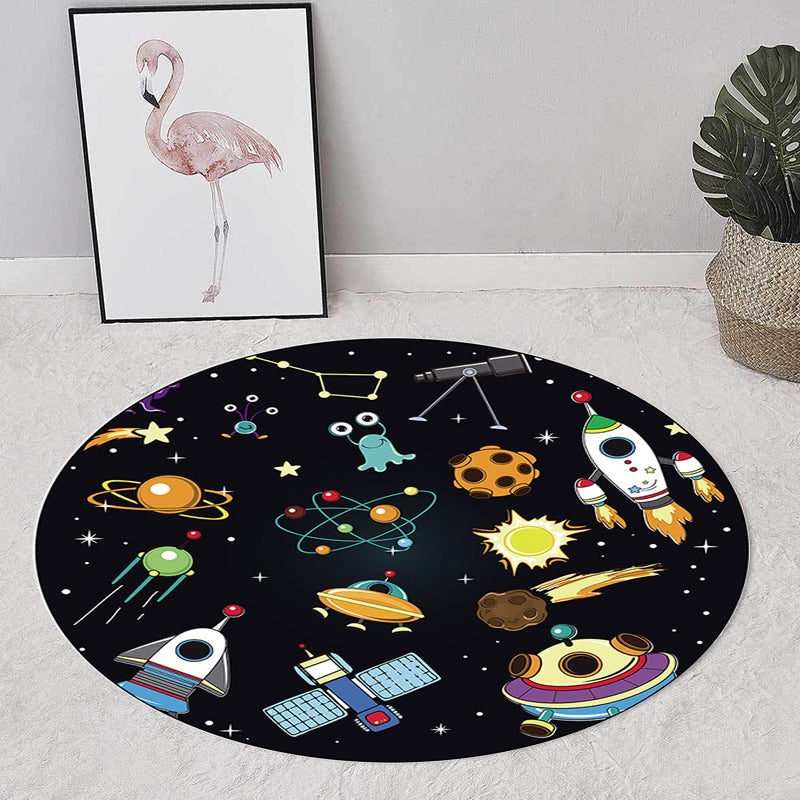 BowLift | Unique Children's Carpet in Black Outdoor Space Airplane Planet Star Patterns Carpet Polyester Pet Friendly Area Rug for Children's Room