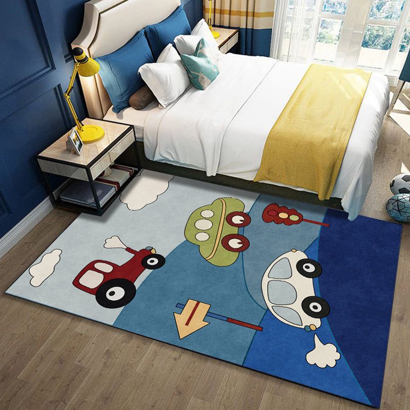 BowLift | Blue Children's Room Carpet Kids Cars & Roads Signal Cloud Pattern Area Rug Polyester Washable Pet Friendly Rug
