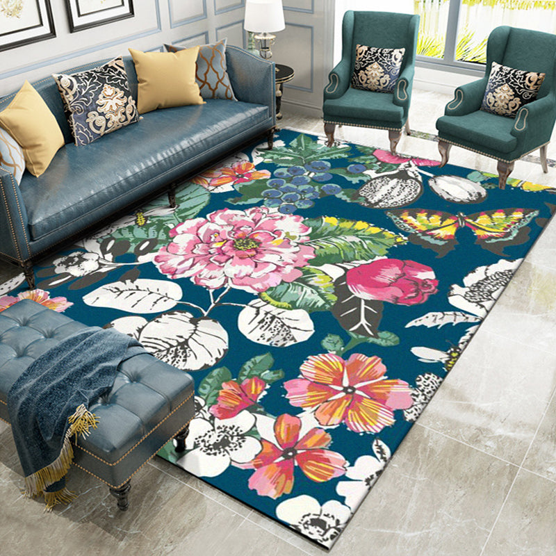 BowLift | Classic Floral Pattern Rug with Leaf Blue Multicolor Shabby Chic Rug Polyester Washable Non-Slip Backing Rug for the Living Room