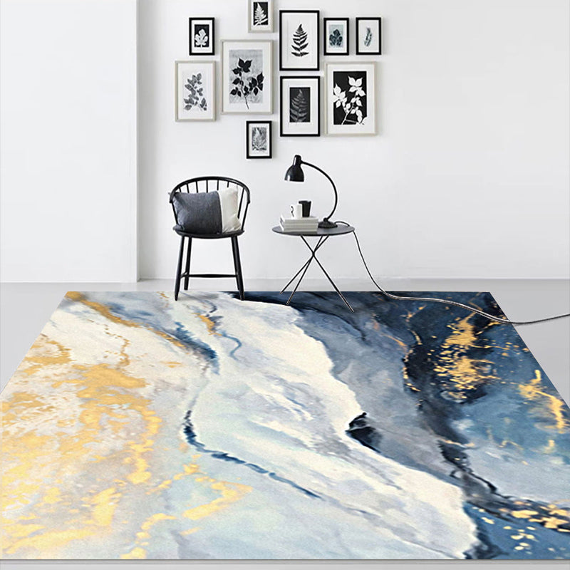 BowLift | Blue and Gold Bedroom Carpet Modern Abstract Cloud Pattern Area Rug Polyester Non-Slip Washable Rug