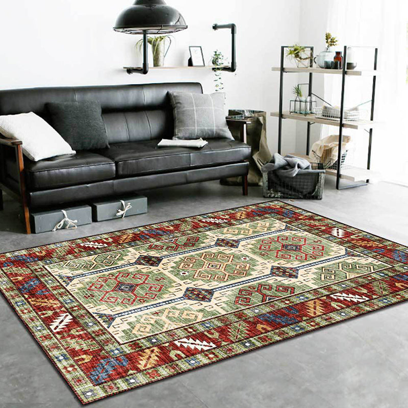 BowLift | Unique Tribal Pattern Rug Green and Red Southwest Rug Polyester Machine Washable Non-Slip Back Rug for Bedroom