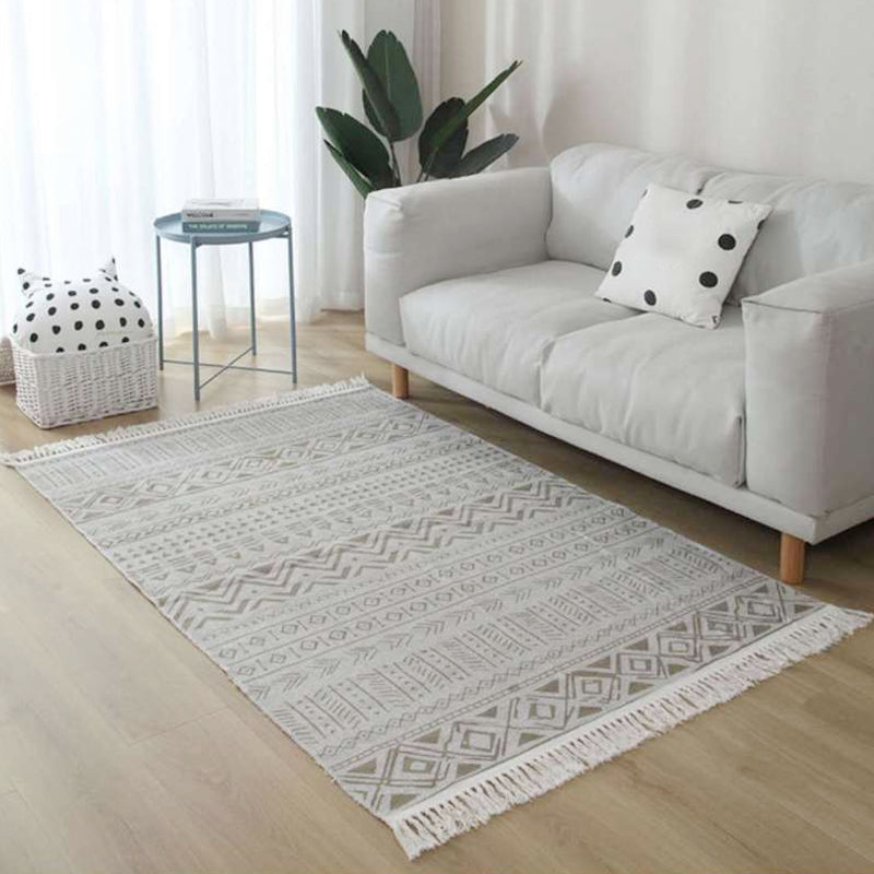 BowLift | White and red southwestern rug linen tribal geometric pattern rug washable fringed rug for the living room