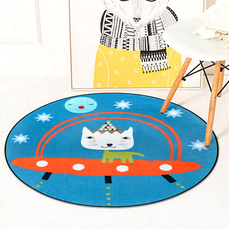 BowLift | Beautiful children's rug in blue animal cat spaceship pattern rug polyester anti-slip mat rug for the children's room