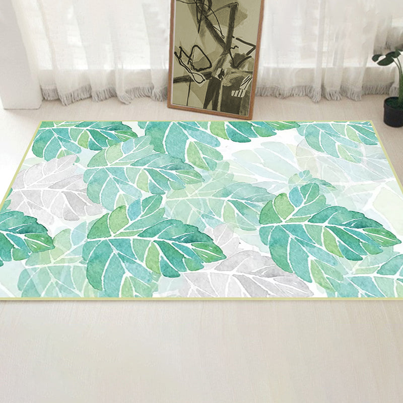 BowLift | Green and White Bedroom Carpet Tropical Botanical Leaf Pattern Area Rug Polyester Stain-Resistant Washable Rug
