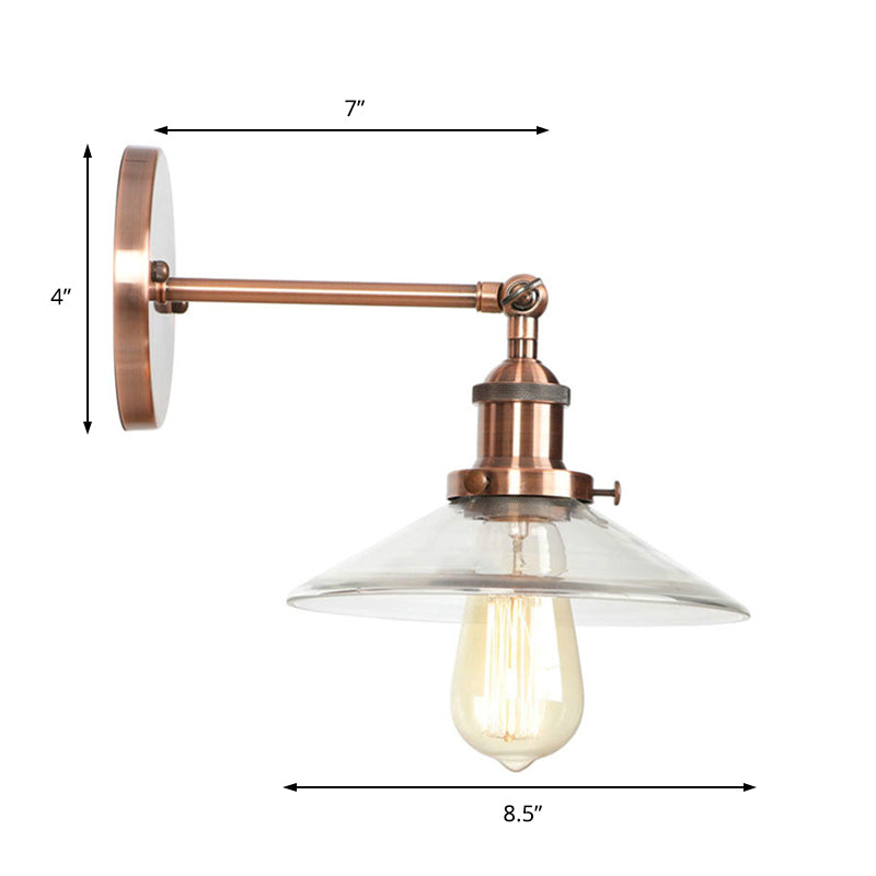 BowLift | Cone-shaped bedroom wall light vintage clear glass 1 light copper wall lamp