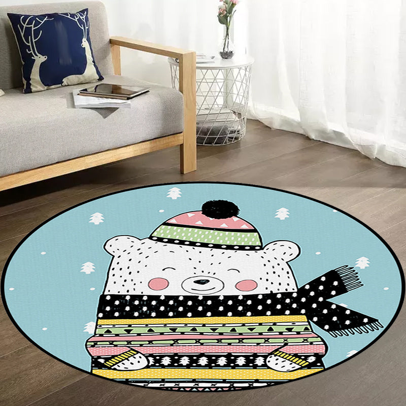 BowLift | Casual Kids Rug in Blue Animals Bear Trees Pattern Rug Polyester Washable Pet Friendly Carpet for Nursery