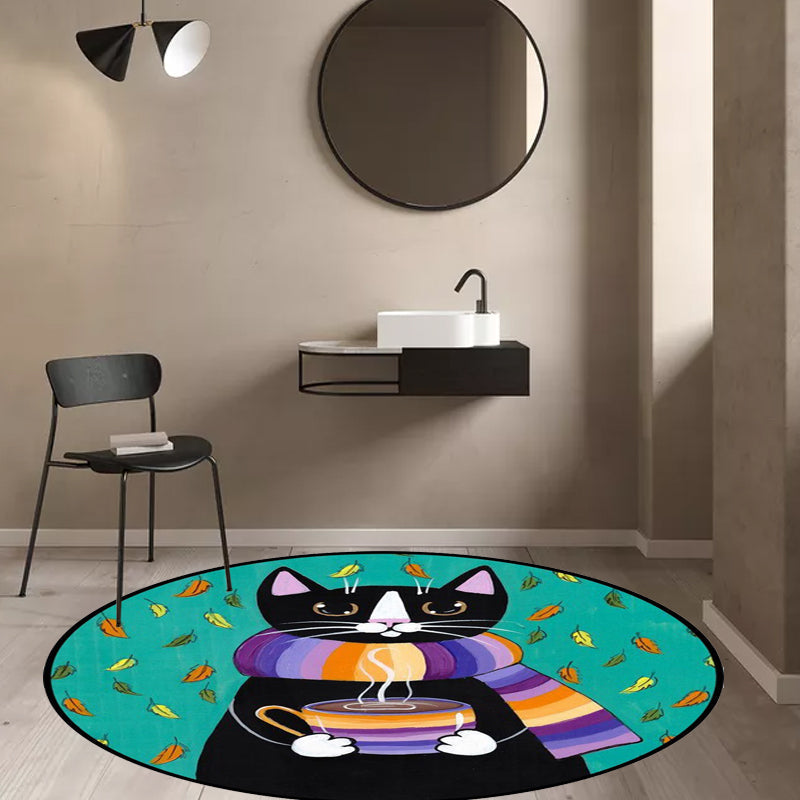 BowLift | Blue and Green Children's Room Rug Children's Animal Dress Cat Leaf Pattern Rug Polyester Washable Rug