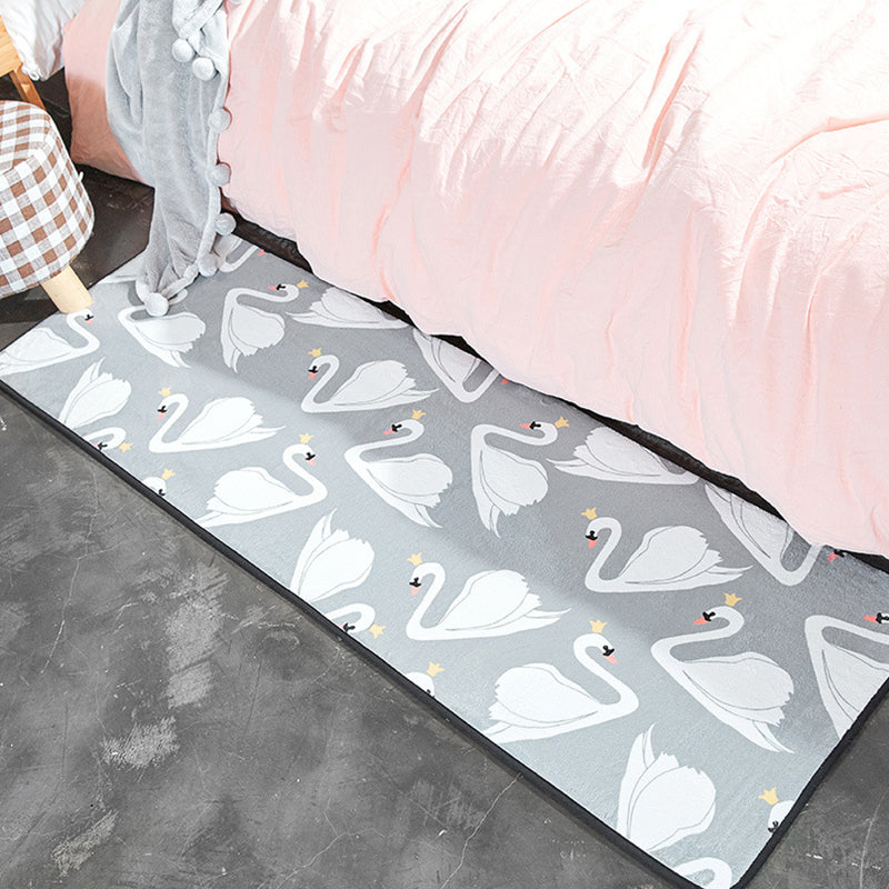 BowLift | Children's Room Rug in White and Pink Animal Bear Rabbit Swan Print Rug Polyester Stain-Resistant Area Rug
