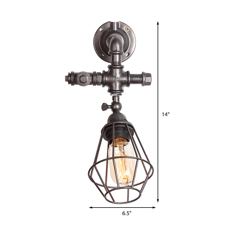 BowLift | Diamond Cage Iron Wall Mount Light with Pipe Design Industrial Style 1 Bulb Bedroom Wall Lighting in Antique Brass/Silver