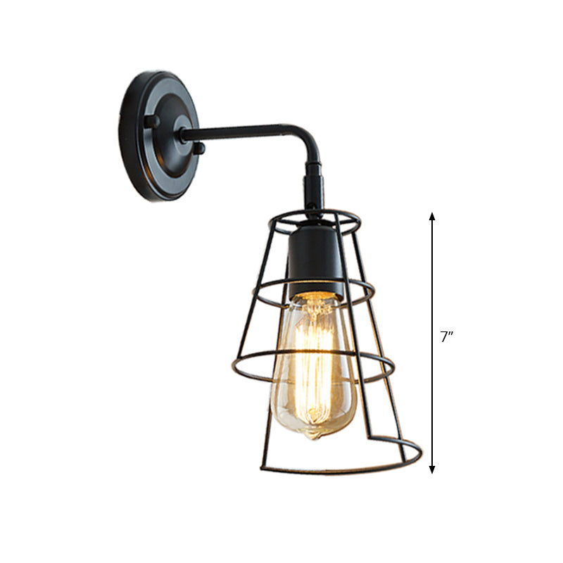 BowLift | Vintage Style Conic Cage Wall Lamp with Curved Arm 1 Light Metal Wall Lamp in Black/White