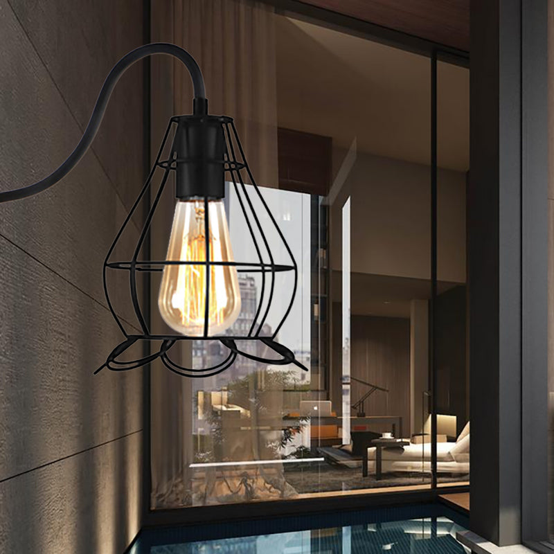 BowLift | Black 1 Head Wall Lamp Vintage Industrial Metal Bottle/Rectangular Wall Light Wall Lamp with Wire Frame for Café