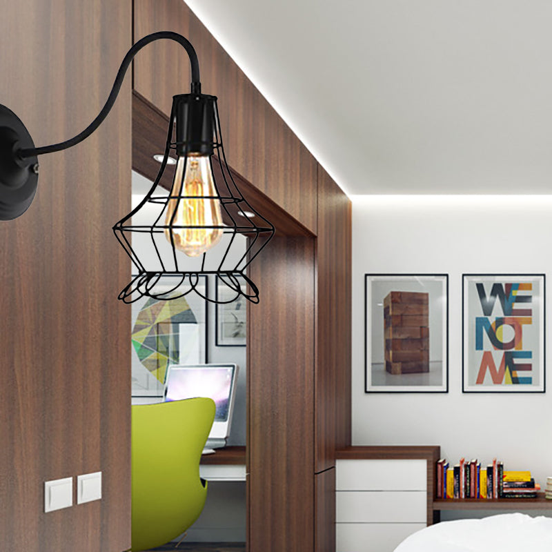 BowLift | Black 1 Light Wall Lamp Retro Style Metal Diamond/Star Wall Light with Cage Shade for Café