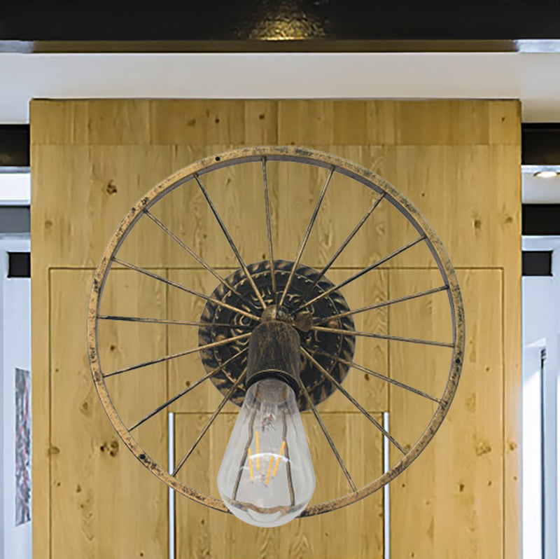 BowLift | Black/Bronze Wheel Design Wall Sconce Lamp with Open Bulb Farmhouse Style Metal 1 Light Restaurant Sconce Light