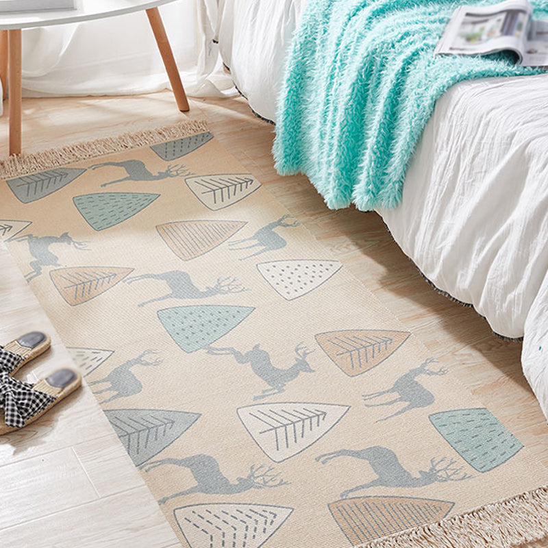 BowLift | Unique Kids Rug in Ivory Animal Deer Tree Pattern Rug Cotton and Linen Washable Fringe Carpet for Children's Room