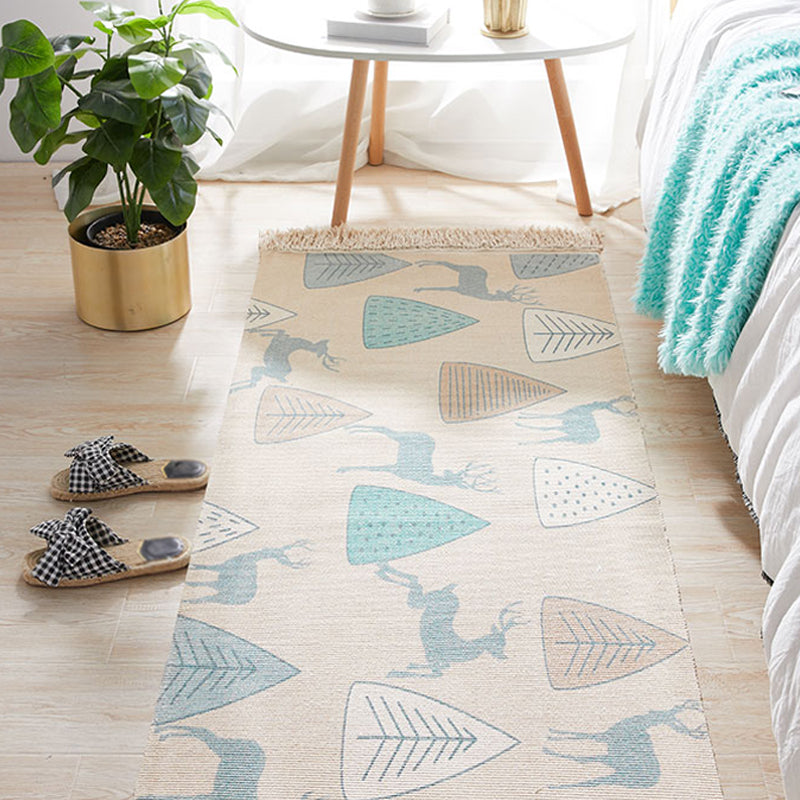 BowLift | Unique Kids Rug in Ivory Animal Deer Tree Pattern Rug Cotton and Linen Washable Fringe Carpet for Children's Room