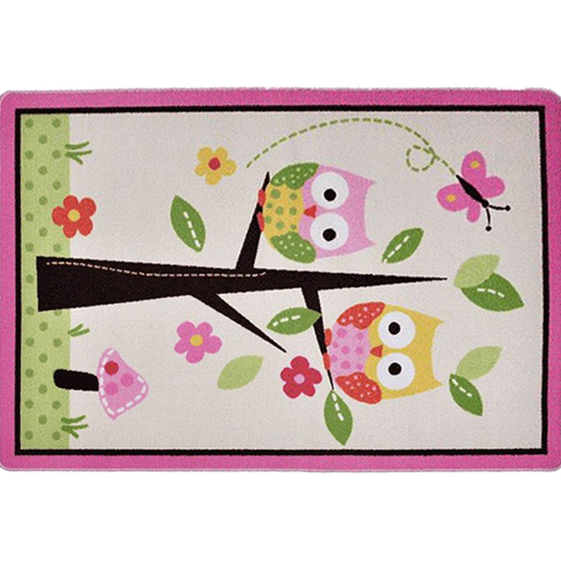 BowLift | Children Children's Room Rug in Pink and Green Animal Owl Flower Tree Print Rug Polyester Stain Resistant Area Rug