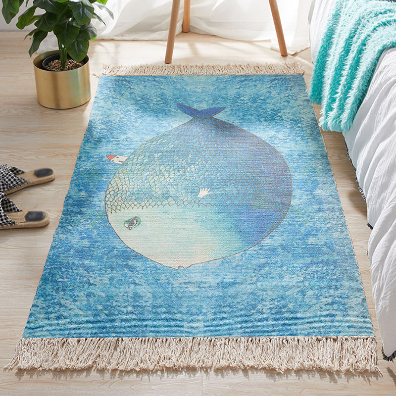BowLift | Blue Children's Room Carpet Children's Animal Fish Pattern Carpet made of Cotton and Linen Washable Carpet with Fringes
