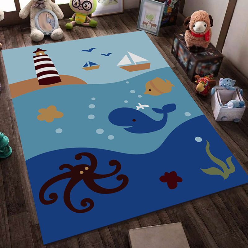 BowLift | Blue and Black Children's Carpet Fairy Tale Whale Ocean Pencil Pattern Carpet Polyester Washable Carpet