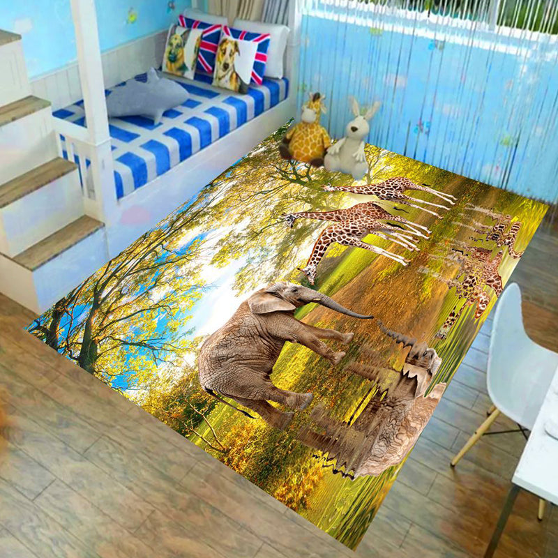 BowLift | Children’s children's room carpet in brown and green animal lion elephant deer print carpet polyester non-slip carpet
