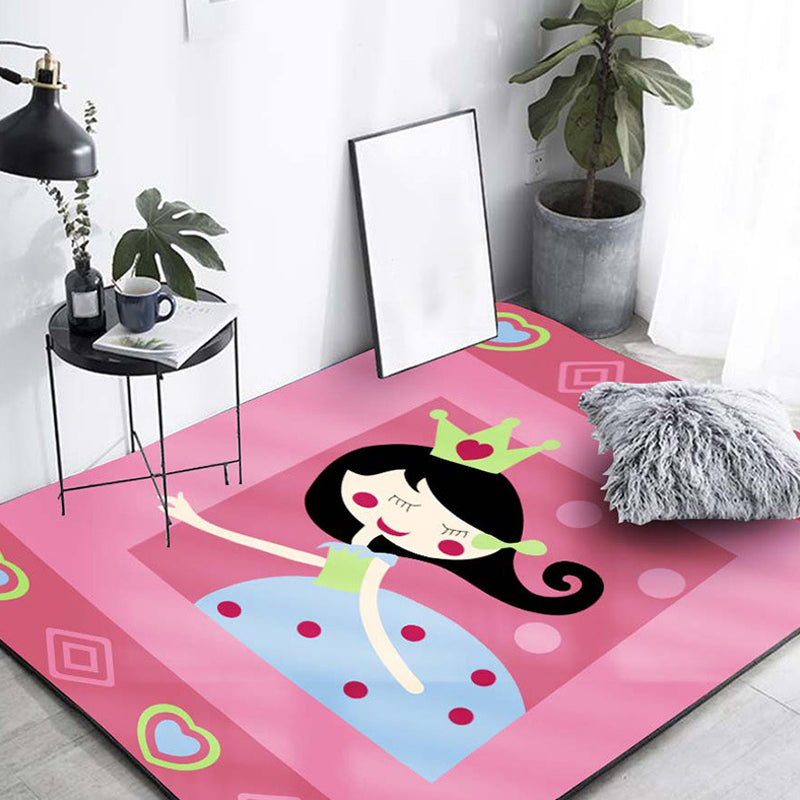 BowLift | Cute Cartoon Character Pattern Rug Pink Kids Rug Polyester Washable Pet Friendly Non-Slip Rug for the Nursery