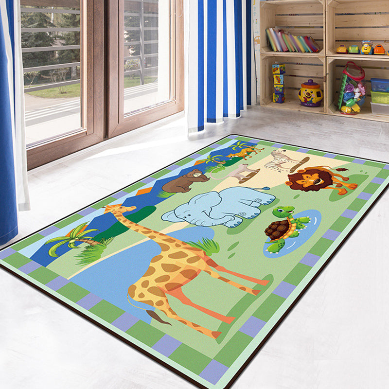 BowLift | Green and Blue Children's Carpet Polyester Animal and Insect Pattern Carpet Pet-Friendly Washable Non-Slip Background Rug for Decoration