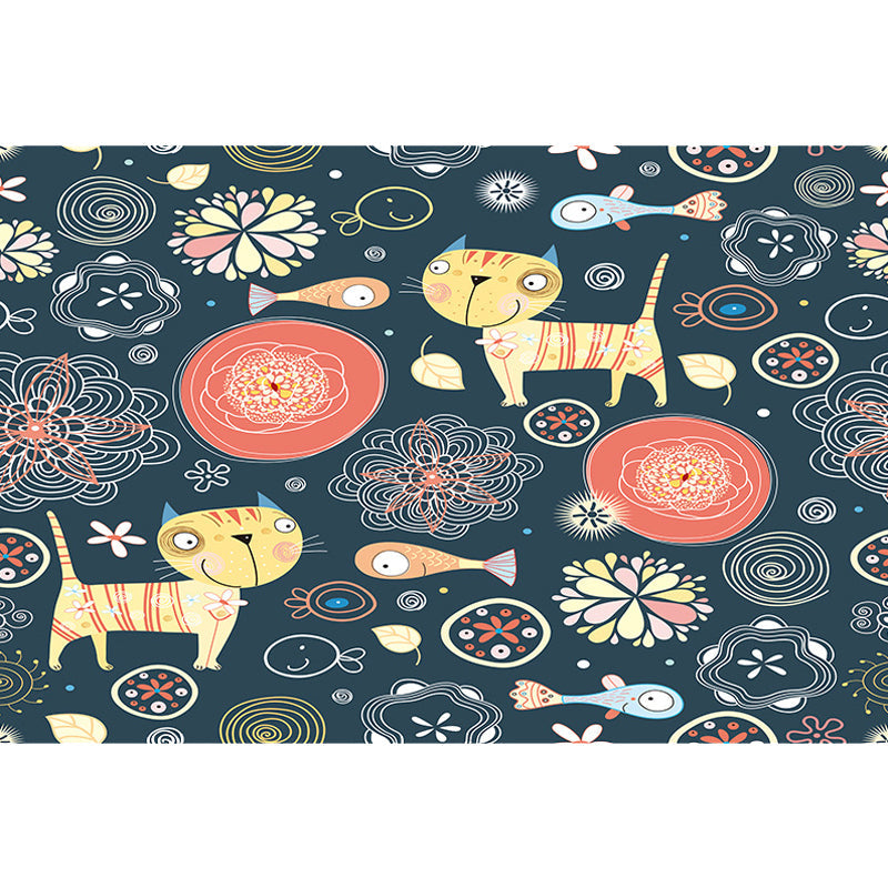 BowLift | Dark Black Children’s Mat Polyester Animal and Flower Pattern Carpet Pet Friendly Washable Non-Slip Backing Rug for Decoration