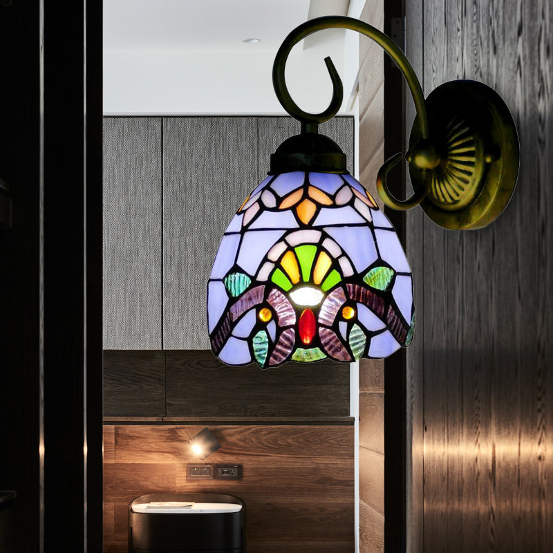 BowLift | Dome Wall Light with Blue / Brown Glass Shade Victorian Style 1 Light Mini Wall Lamp in Brass Finish