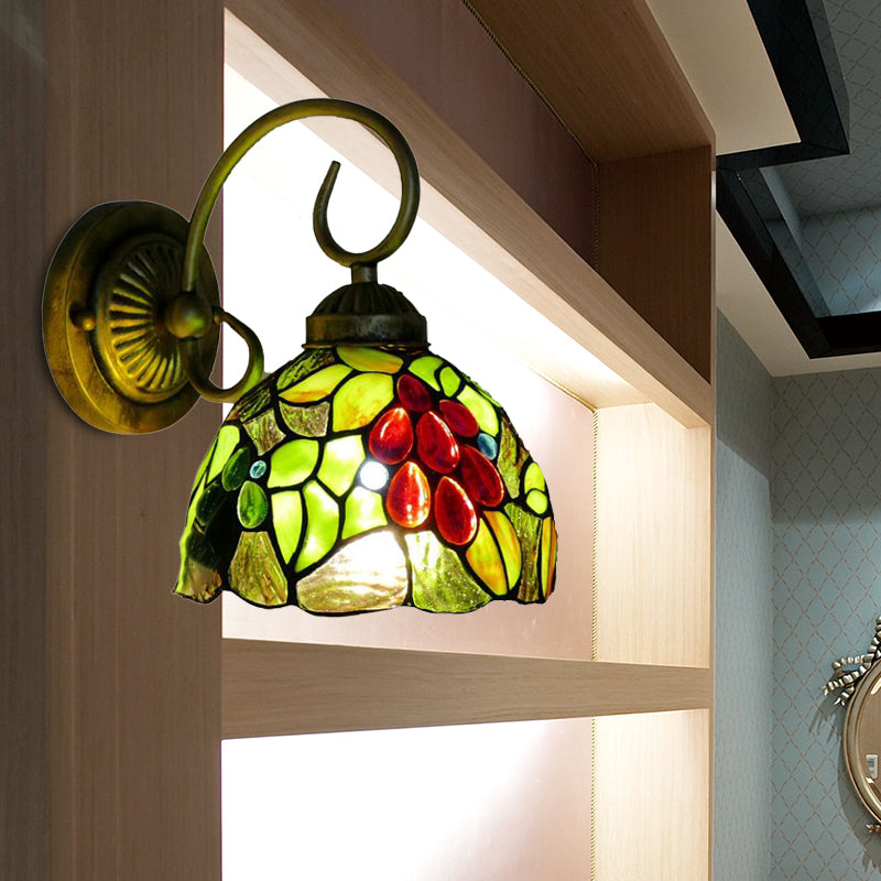 BowLift | Light Green Glass Dome Wall Lamp Fixture Tiffany 1 Head Antique Bronze Wall Lamp with Arch/Curved Arm