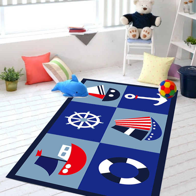 BowLift | Children's ship pattern carpet with anchor Blue Polyester Carpet Washable Pet-friendly Non-slip Carpet for the nursery
