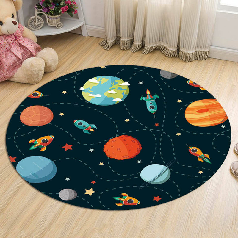 BowLift | Unique Spaceship Pattern Rug with Planet Black and Red Children's Rug Polyester Washable Pet Friendly Non-Slip Rug for the Children's Room