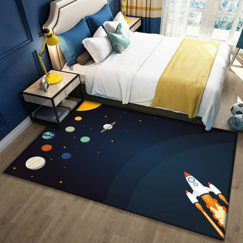 BowLift | Stylish Outer Space Pattern Rug Blue and Black Children's Rug Polyester Washable Pet-Friendly Non-Slip Rug for the Children's Room